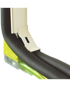 Aspen Maxi Lime Condensate Pump FP2213 installed on an air conditioning system. The compact pump, with its green and transparent reservoir, is clipped onto a yellow mounting bracket. Black insulated pipes are connected to the pump, and a white elbow fitti