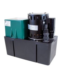The Aspen Macerator 4L pump includes green housing with CE marking, a black motor with a visible wiring diagram, and a black cylindrical component with a barbed connector. The pump sits in a black base.