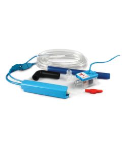 Aspen Mini Aqua Slim Condensate Pump FP2406/2. Mini Aqua Condensate Removal Pump kit, including a blue pump unit, clear suction and discharge tubes, black elbow connector, transparent reservoir with red and white labels, and additional red and clear fitti