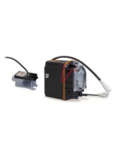 Aspen Pumps Peri Pro+ peristaltic condensate pump for HVAC systems, shown with black pump unit, clear tubing, orange accents, mounting bracket, and connected cables on a white background.