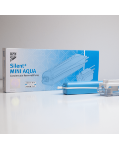 The box and components of the Silent+ Mini Aqua Condensate Removal Pump by Aspen Pumps feature a blue pump, a clear reservoir with a lid, and packaging with a plug-and-play label.