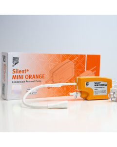 This is an image of the Silent+ Mini Orange Condensate Removal Pump (FP3430) by Aspen Pumps, featuring an orange pump unit with a white power cord and tubing, placed next to its orange and white packaging box labelled "Silent+ MINI ORANGE Condensate Remov