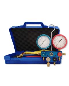 A JAVAC CO2 Sub Critical 4 Valve Manifold with blue and red 80mm oil-filled gauges (LP -1 to +30 Bar, HP -1 to +50 Bar), three 1m charging lines (red, blue, yellow), and a blue plastic carry case with foam padding, designed for air conditioning and refrig
