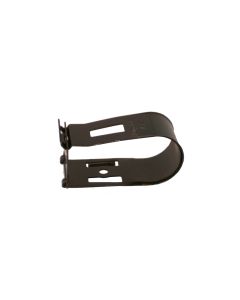 A black zinc-coated DiversiTech TRH-4 Squeezy Fit Threaded Rod Hanger, featuring a spring steel design with a folding lock-tab and a slot for M8/M10 threaded rods, used for securing insulated copper air conditioning pipes.