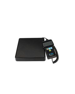 A black JAVAC ProCharge 100 refrigerant charging scale with a 223mm x 223mm platform, featuring a textured surface. Attached is a digital display unit with a coiled cable, showing buttons labelled with symbols for power, zero, and lamp functions. The disp