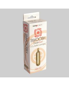 This is a packaging box for DiversiTech Swoosh DrainGun CO2 Refill Cartridges (GGC-12, pack of 12). The box features a white and beige design with a red swirl graphic, the product name 'Swoosh DrainGun CO2 Refill Cartridges,' and an image of a single gold