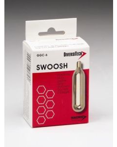 This is a packaging box for DiversiTech Swoosh DrainGun CO2 Refill Cartridges (GGC-12, pack of 12). The box features a white and beige design with a red swirl graphic, the product name 'Swoosh DrainGun CO2 Refill Cartridges,' and an image of a single gold