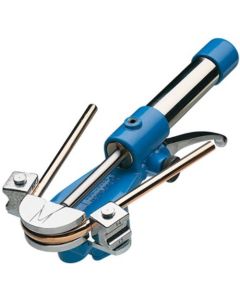 A JAVAC HB85 Hydraulic Tube Bender with a blue and silver body, bending a soft copper tube. The tool features a double hydraulic circuit, adjustable pump lever, and a bending former, designed for air conditioning and refrigeration applications.