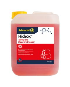 A 5L container of Hidrox Tubing and Pipework Descaler, a red liquid solution with a yellow cap, featuring a label with the Advanced logo, product name, and details about its use for cooling towers, pipework, and condensers, including corrosion inhibitors 