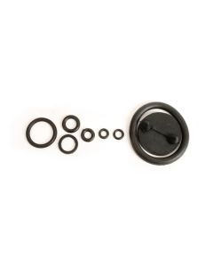 The components of the Aspen Pumps HydroSprayer S010138 Replacement Seal Kit, including various black rubber O-rings and a larger seal assembly with two protruding parts, are displayed on a white background.