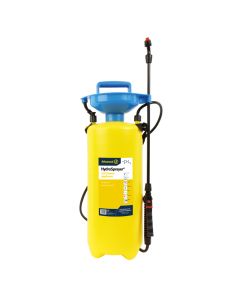 A yellow 8L Aspen HydroSprayer with a blue funnel top, black hose, and lance with a red nozzle. The label on the tank reads "Advanced HydroSprayer Coil Cleaner Applicator" with usage icons and a note for use with coil cleaning chemicals.