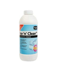 A 1L bottle of Ice 'n' Clean ice machine cleaner by Aspen Pumps, featuring a white and blue label with orange and black accents. The label highlights its ability to remove limescale and slime, compatibility with nickel and aluminium, and a colour indicato