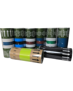 This is a collection of colourful identification tape rolls arranged in a grid pattern. The tapes come in various vibrant colours, including red, blue, green, yellow, orange, purple, and white, each with a solid-coloured background. The rolls are neatly o