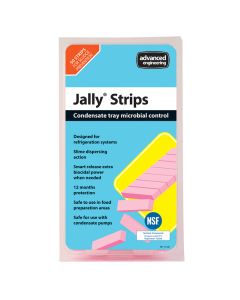 A blue and white package of Jally Strips by Advanced Engineering, labelled for "Condensate tray microbial control." The text highlights features: "Designed for refrigeration systems," "Slime dispersing action," "Smart release - extra biocidal power when n