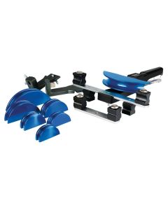 A multi-size tube bender set with various components, including a main bending tool with a handle, a metal bar, and several blue bending dies in different sizes. Black counterformers and mandrels are arranged neatly on a white background.