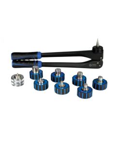Javac Edge Tube Expander Set 1/4" - 1-1/8" A JAVAC EDGE hydraulic tube expander tool with blue and black handles, accompanied by multiple expander heads in various sizes (ranging from 3/8" to 1-1/8"), each with blue and black grips. The tool and heads are