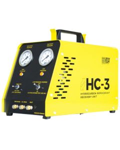 Yellow Javac Caresaver HC-3 Hydrocarbon Refrigerant Recovery Unit with a black control panel, featuring two pressure gauges labeled 'Discharge Pressure' and 'Recovery Pressure,' a 'Hot Gas/Cool Gas' switch, a 'Low Pressure Override' switch, and ports for 