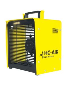 A yellow JAVAC Care-Air 2 Fan Module with a black handle and grilles on the front and side. The text "HC-AIR FAN MODULE" is printed on the side. The device is designed for safe hydrocarbon refrigerant transfer in HVAC/R applications.