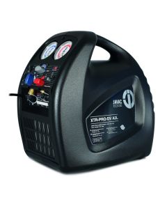 Black JAVAC Edge XTR-PRO-DV 4ZL vacuum pump against a white background. The rectangular device features rounded edges, a sturdy top handle, and a front panel with two circular gauges displaying pressure levels. Below the gauges are blue and red valve knob