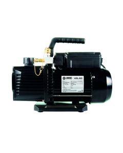 Side view of the Javac CC-231AMM Ammonia Vacuum Pump, a black double-stage vacuum pump with a handle, featuring 9CFM (225 L/min) displacement and dual voltage (110v/240v, 50Hz) capability. The pump has 1/4 and 3/8 male flare inlets, weighs 15.5kg, and mea