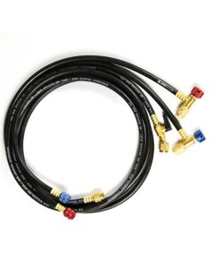 A set of three 72-inch Javac Safe Seal Charging Hoses (JAV-1071) in a circular arrangement, featuring black hoses with red, blue, and yellow fittings. The hoses are labelled with 'Javac Edge' branding and specifications, including compatibility with R134a