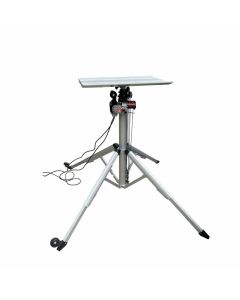 240V Portable Lifter for HVAC equipment, featuring a wide platform base, extendable legs with wheels, and a robust silver frame. It includes a control unit with red and green buttons and a power cord designed for lifting condensers, evaporators, and more.