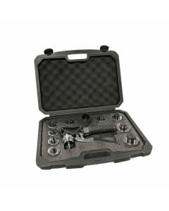 Javac Hydra-XP9 Hydraulic Tube Expander JAV-1405 set in an open black plastic case with foam padding, including the expander tool with a black handle, 9 expander heads (1/4” to 1-5/8”), a deburring tool, and custom foam cutouts for storage, against a whit
