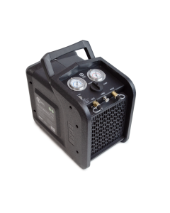 Black JAVAC Velo-X Twin Cylinder Recovery Unit Pro with dual gauges, control knob, brass fittings, and a sturdy handle, designed for HVAC refrigerant recovery.