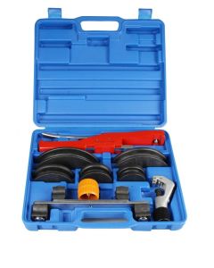 A blue plastic carrying case containing the JAVAC Crossbow Bender kit, including a red ratchet hand-held bender, black bending formers, an orange pipe cutter, and other accessories for soft copper tubes (3/8” to 7/8” O.D.), ideal for air conditioning and 