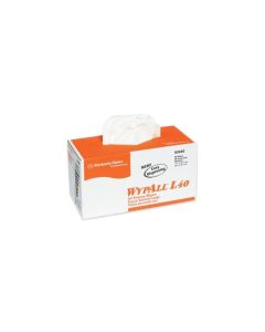 The image shows a box of WypAll L40 All-Purpose Wipers by Kimberly-Clark Professional. The box is primarily orange and white, with the product name prominently displayed. It is labeled as "New! Easy Dispensing" and contains 60 wipers, with dimensions of 1