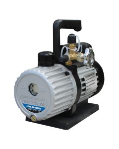 This is a silver and black Mastercool 3 CFM two-stage vacuum pump with a black handle. It features an oil level sight glass, a brass gas ballast valve, and an intake port with a cap. The pump's label displays "Mastercool 3 CFM, Two Stage" and technical de