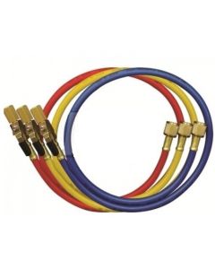 Three coiled Mastercool 90262-60 high-pressure HVAC hoses in blue, yellow, and red, each with 1/4" SAE manual shut-off valve fittings and knurled brass nuts, designed for professional refrigerant handling.
