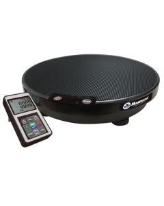 A black Mastercool 98315 Wireless Refrigerant Charging Scale with a solenoid is shown alongside its handheld remote. The scale has a circular platform with a textured surface, a power button, and a SYNC button with LED indicators on the front. The remote 