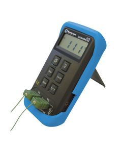 Mastercool 52228 Digital Differential Thermometer with a blue protective case, displaying a digital LCD screen showing 111.1°F. The device has T1 and T2 thermocouple inputs, connected green probes, and buttons for ON/OFF, MAX, HOLD, T1-T2, T1/T2, and °C/°