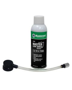 A white and black can of Mastercool Master Leak Shield HVAC 53660, labelled for systems 1.5 to 6 tons, with text highlighting its benefits like lubricating systems, preventing leaks, and compatibility with all refrigerants and oils. The can is accompanied