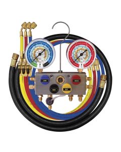 A Mastercool 4-way manifold gauge set with two large pressure gauges (blue for low side, red for high side) and four labelled valves (LOW, VAC, REF, HIGH). The set includes four hoses (blue, red, yellow, and black) coiled around the manifold, with brass f