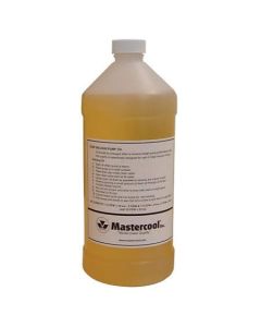 Alt text: A 128oz (1 gallon) bottle of Mastercool Vacuum Pump Oil with a white cap, featuring a white label with black and red text. The label includes instructions for use, such as draining when warm and checking the oil level, along with the Mastercool 