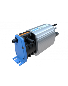 A Blue Diamond MaxiBlue X87-703 Condensate Pump with a metallic cylindrical body and blue end caps, featuring multiple black tubes for inlet and outlet connections, designed for air conditioning condensate removal, set against a black background.