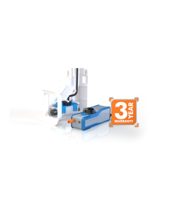 Ivory White MicroBlue Condensate Pump Ducting Kit installed on a mini-split indoor unit with a cutaway view showing the internal pump, reservoir, and tubing; includes a 3-year warranty badge.