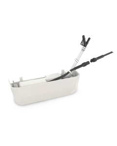 A 3D model of the Omega Pack 2 mini-split condensate pump kit, showing a compact white pump unit with attached tubes and connectors, designed for efficient condensate drainage under wall-mounted air conditioners.