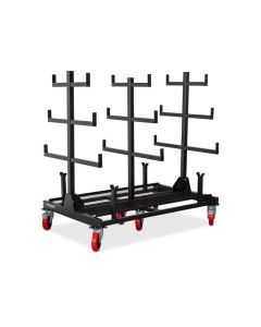 Armorgard PipeRack mobile storage solution with a black steel frame, six red castor wheels, and multiple horizontal arms for organizing pipes and conduits on construction sites.