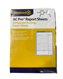 Aspen Pumps AC-Pro Refrigerant Tracking Report Sheets (S080354GB) product packaging, showing yellow and purple box with two-part NCR forms for F-Gas compliant HVAC logging, including sample blue form with fields for client details, refrigerant charges, an