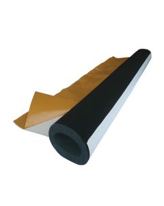 A 1m-long Armaflex Tuffcoat Pipe Insulation section with a black nitrile rubber foam core and a white PVC outer coating, partially unrolled to reveal a gold-coloured adhesive lap. The insulation is displayed against a white background, showing its flexibi