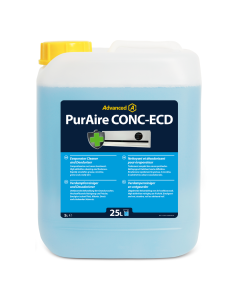 PurAire CONC-ECD 5L Evaporator Cleaner and Deodoriser bottle with a blue liquid, featuring a multilingual label and an air conditioning unit image, available at airconspares.com.
