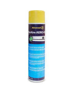 PurAire AERO-ECO aerosol can with yellow cap, featuring Advanced branding, designed as an evaporator cleaner and deodoriser. The 600ml can includes multilingual labels and a green safety symbol.