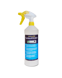 PurAire RTU-ECO 1L Evaporator Cleaner and Deodoriser bottle with yellow spray nozzle, manufactured by Aspen Pumps, featuring no-rinse technology for HVAC maintenance.