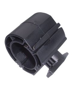 Black nylon Quick Positioning Clip for air conditioning and refrigeration pipe support, shown in close-up view with cylindrical body, split design for 9mm insulated pipes, and twist-lock tabs for securing into unistrut-style channel