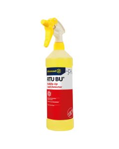 A yellow spray bottle with a white and yellow nozzle, labelled "RTU BU Bubble-Up Leak Detector." The label features a blue and yellow "Advanced" logo at the top, with a red section below listing key features: "Specifically designed for refrigerant leaks,"