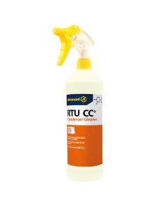 A white 1L spray bottle of Aspen Pumps RTU CC Condenser Cleaner with a yellow trigger sprayer nozzle, featuring a blue Advanced logo, orange label text reading "RTU CC Condenser Cleaner" and "Non-foaming ready-to-use," and icons for removing dirt and debr