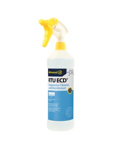 RTU ECD Evaporator Cleaner & Disinfectant 1L bottle with yellow trigger spray, featuring Advanced branding, kills 99.9% bacteria in 60 seconds, verified to kill SARS-CoV-2, safe for condensate pumps, compliant with EN standards.